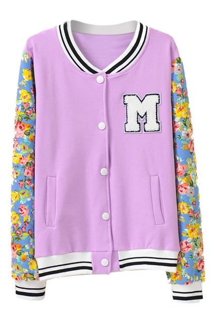 Romwe Floral Print Striped Purple Jacket