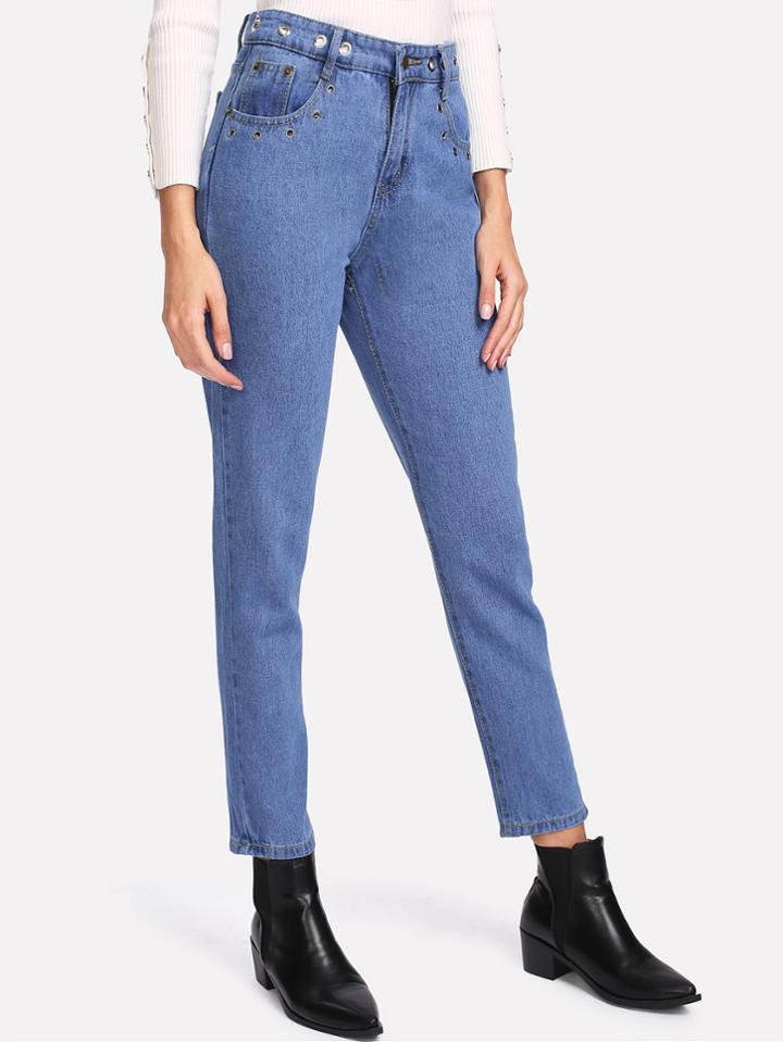 Romwe Eyelet Buckle Detail Jeans
