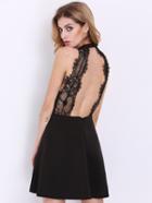 Romwe Black Halter Contrast Scallop Lace Backless Dress(exclude Belt)