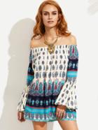 Romwe Blue Vintage Print Off The Shoulder Bell Sleeve Dress