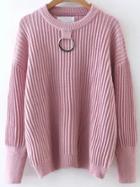 Romwe Pink Ring Embellished Ribbed Sweater