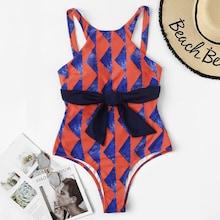 Romwe Chevron Belted Open Back One Piece Swimsuit
