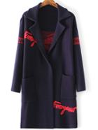 Romwe Navy Letter Print Shawl Collar Pocket Long Sweater Coat