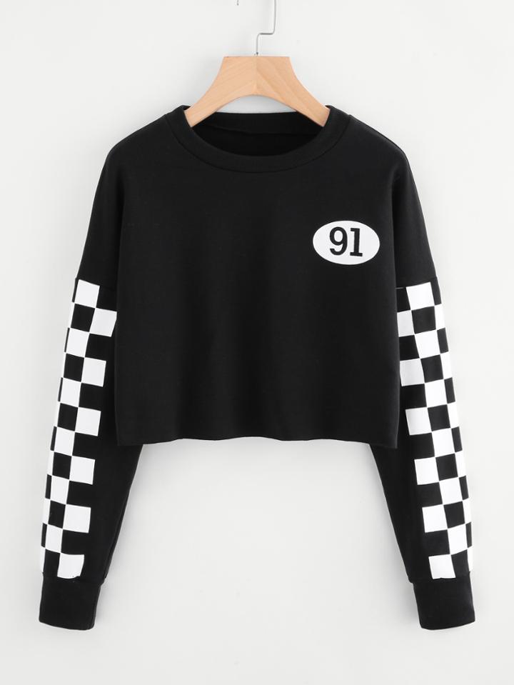 Romwe Checked Sleeve Number Print Sweatshirt