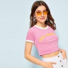 Romwe Letter Print Piping Trim Crop Tee