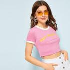 Romwe Letter Print Piping Trim Crop Tee