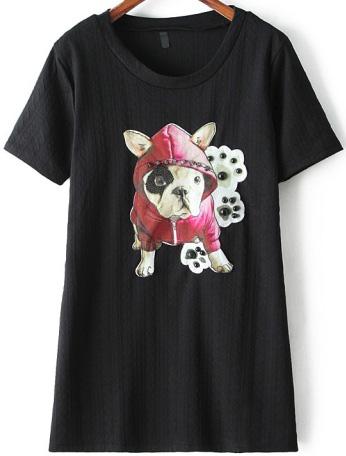 Romwe With Rivet Dog Pattern Black T-shirt