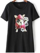 Romwe With Rivet Dog Pattern Black T-shirt