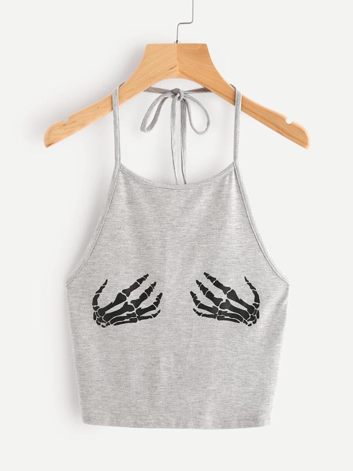 Romwe Skeleton Hand Print Halter Neck Top