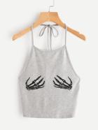 Romwe Skeleton Hand Print Halter Neck Top