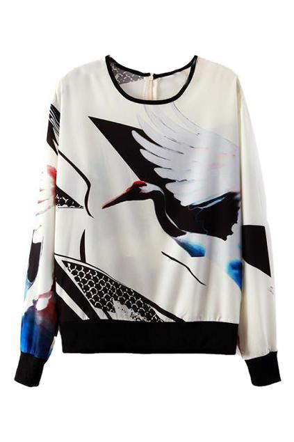 Romwe Zippered Crane Print Sweatshirt