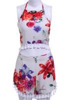 Romwe Halter Tassel Top With Florals Shorts