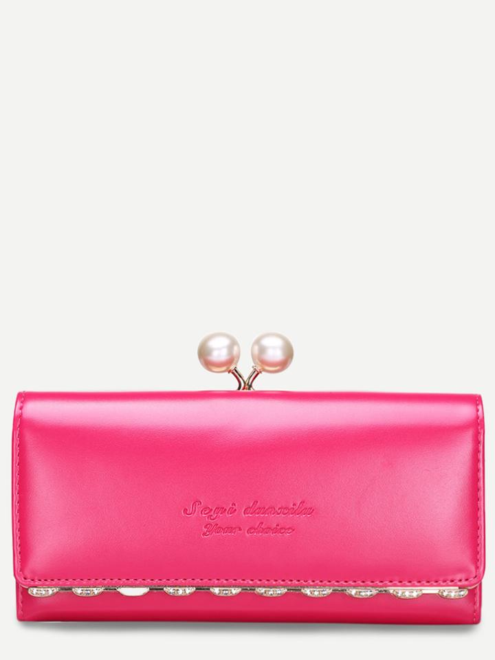 Romwe Hot Pink Embossed Letter Pearl Rhinestone Detail Clutch Bag