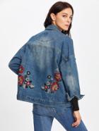 Romwe Botanical Embroidered Drop Shoulder Denim Jacket