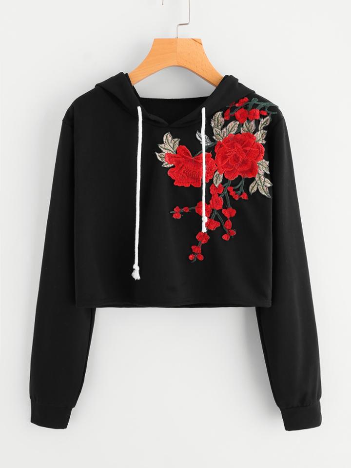 Romwe Rose Embroidered Applique Crop Hoodie