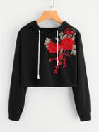 Romwe Rose Embroidered Applique Crop Hoodie