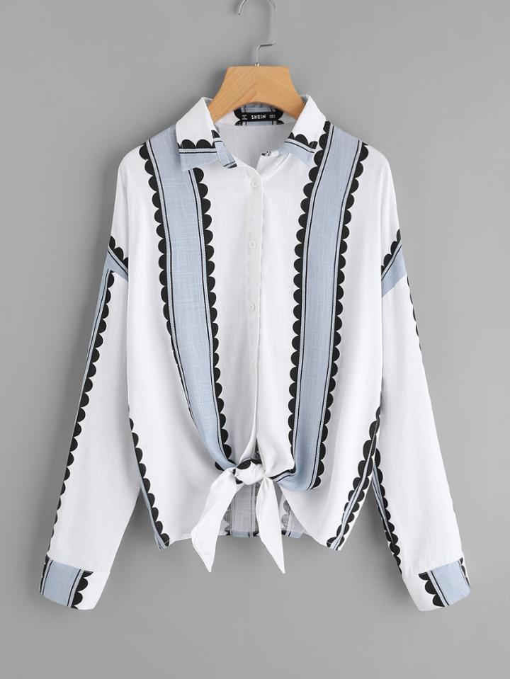 Romwe Button Up Knotted Hem Shirt
