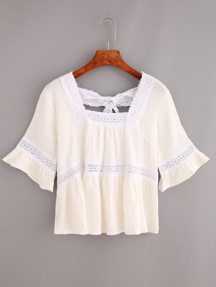 Romwe Square Neck Lace Insert Tie-back Blouse - Beige
