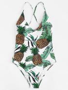 Romwe Cross Back Pineapple Print Swimsuit