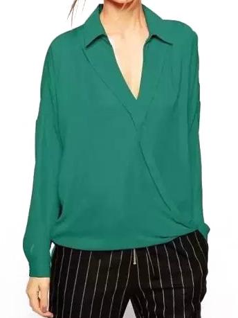 Romwe Lapel Dip Hem Green Blouse