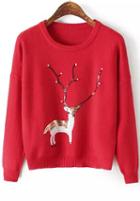 Romwe Bead Deer Print Knit Red Sweater