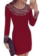 Romwe Red Long Sleeve Bodycon Dress With Rhinestone