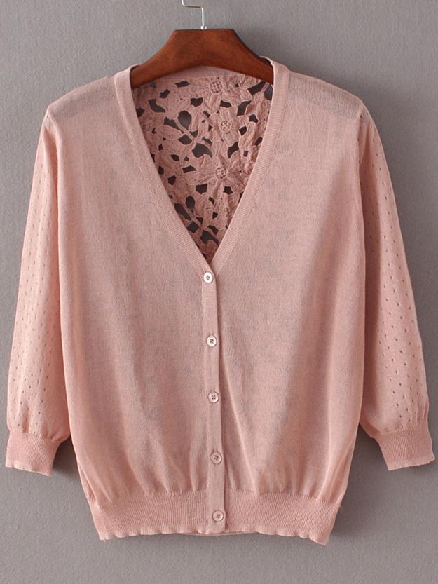 Romwe Pink Hollow Lace Splicing Cardigan Knitwear