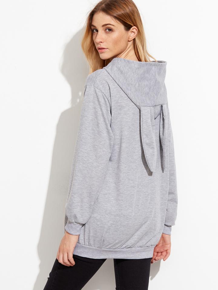 Romwe Grey Letter Embroidered Rabbit Ear Hoodie Sweatshirt
