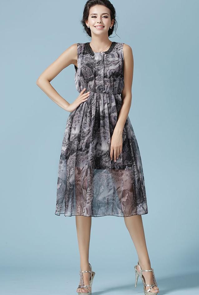 Romwe With Diamond Vintage Print Chiffon Dress