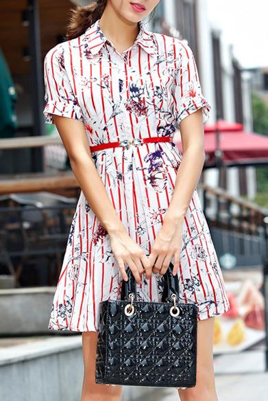 Romwe Lapel Vertical Striped Flower Print Shirt Dress