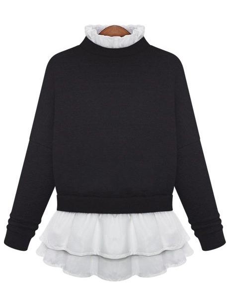 Romwe Ruffle Collar Dropped Shoulder Seam Black Blouse