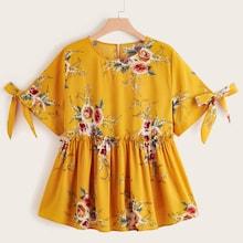 Romwe Plus Floral Print Knot Cuff Peplum Blouse