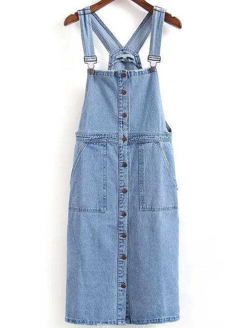 Romwe Straps Denim Button-down Light Blue Suspender Dress