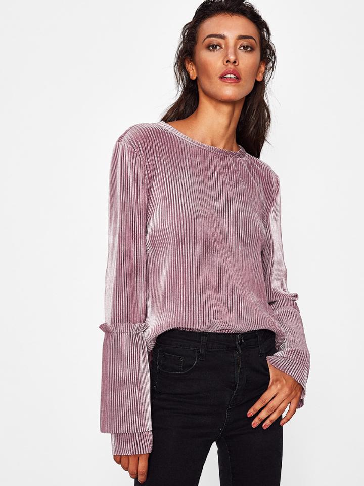 Romwe Frill Detail Tiered Bell Sleeve Striped Velvet Top