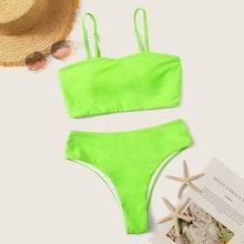 Romwe Neon Green High Waist Bikini Set With Hair Tie