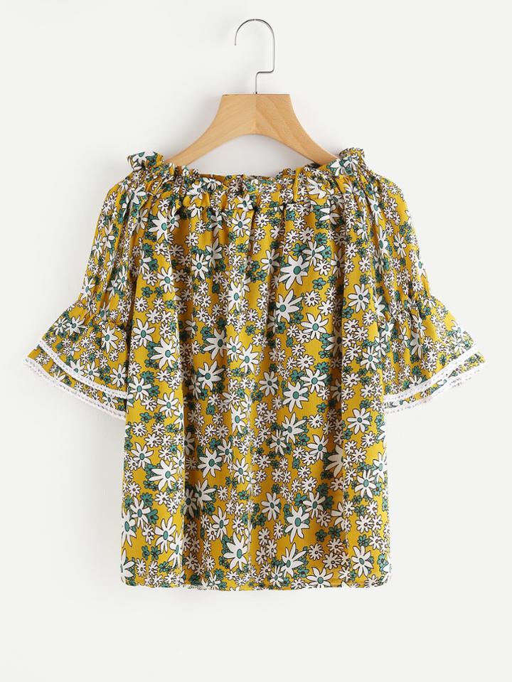 Romwe Fluted Sleeve Layered Lace Cuff Printed Random Blouse