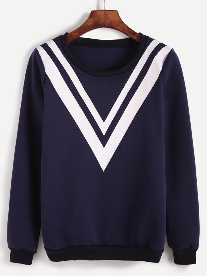 Romwe Navy Contrast Trim Chevron Print Sweatshirt