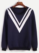 Romwe Navy Contrast Trim Chevron Print Sweatshirt