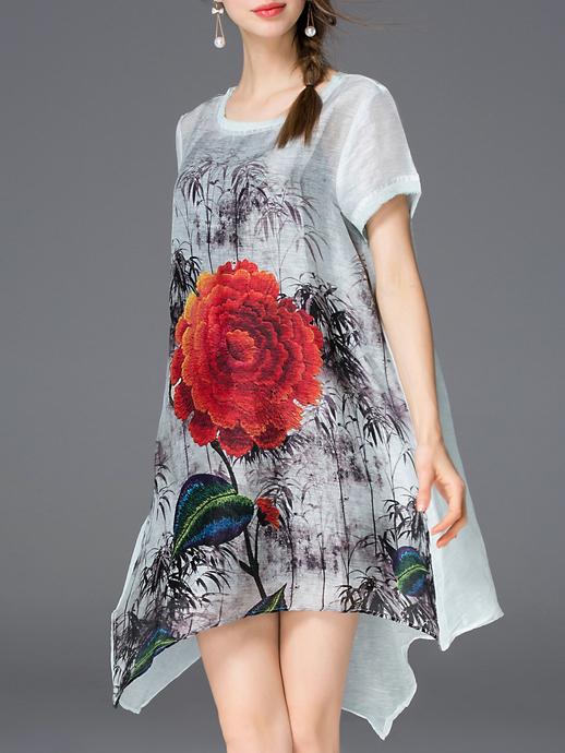 Romwe Grey Crew Neck Ink High Low Dress