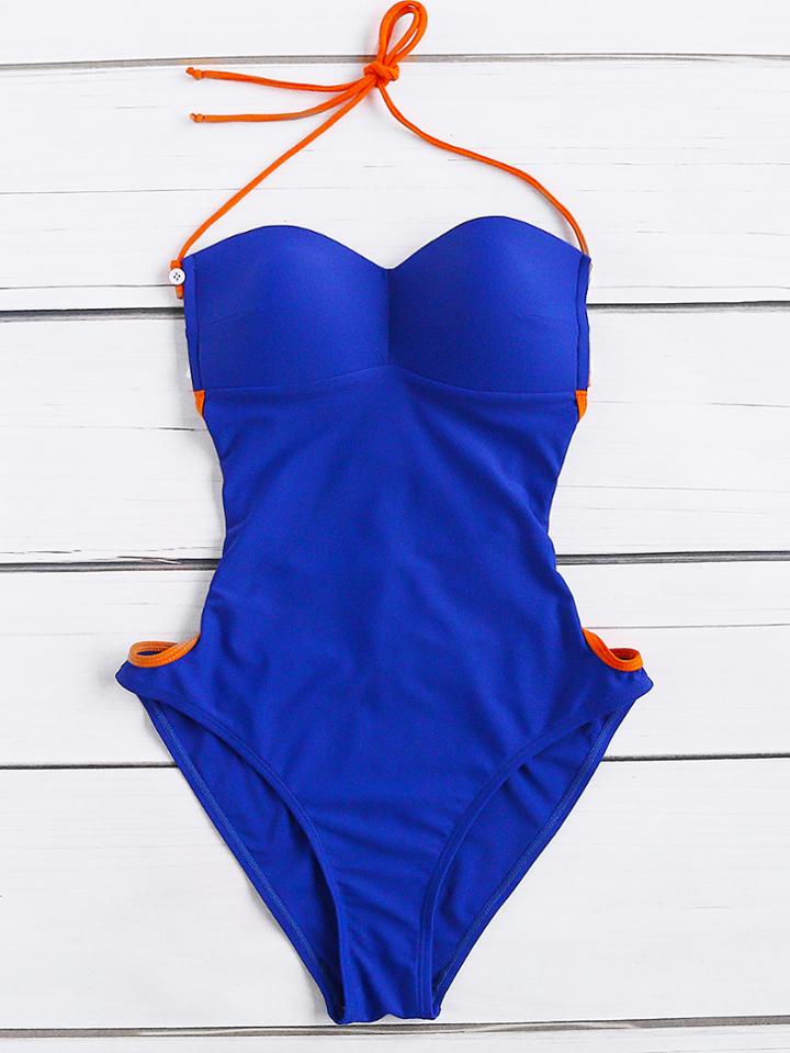 Romwe Strappy Back Halter One Piece Swimwear