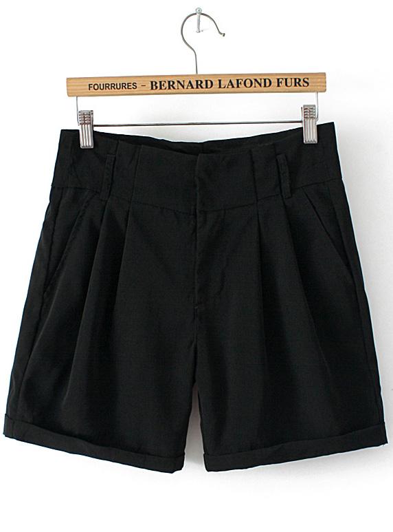 Romwe Flange Pockets Straight Black Shorts