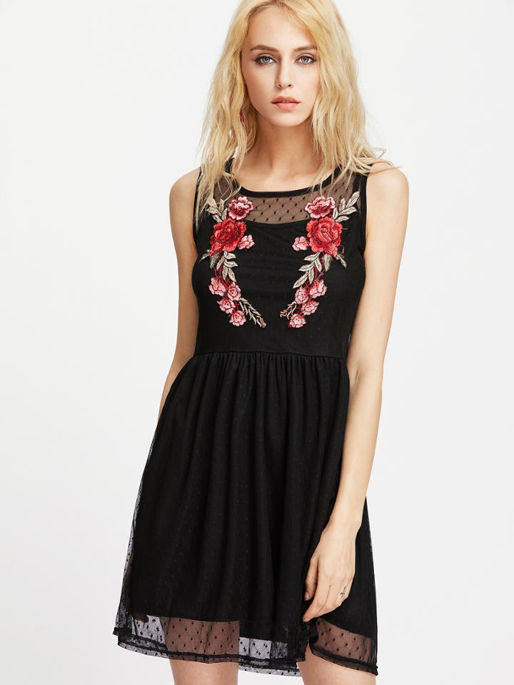 Romwe Dobby Mesh Embroidered 2 In 1 Tank Dress