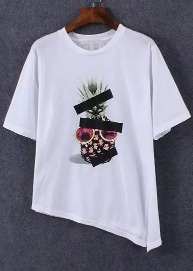 Romwe Pineapple Print Asymmetrical Split T-shirt