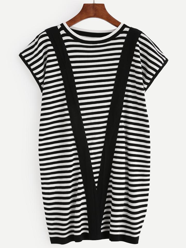Romwe Contrast Trim Striped Knit Long T-shirt