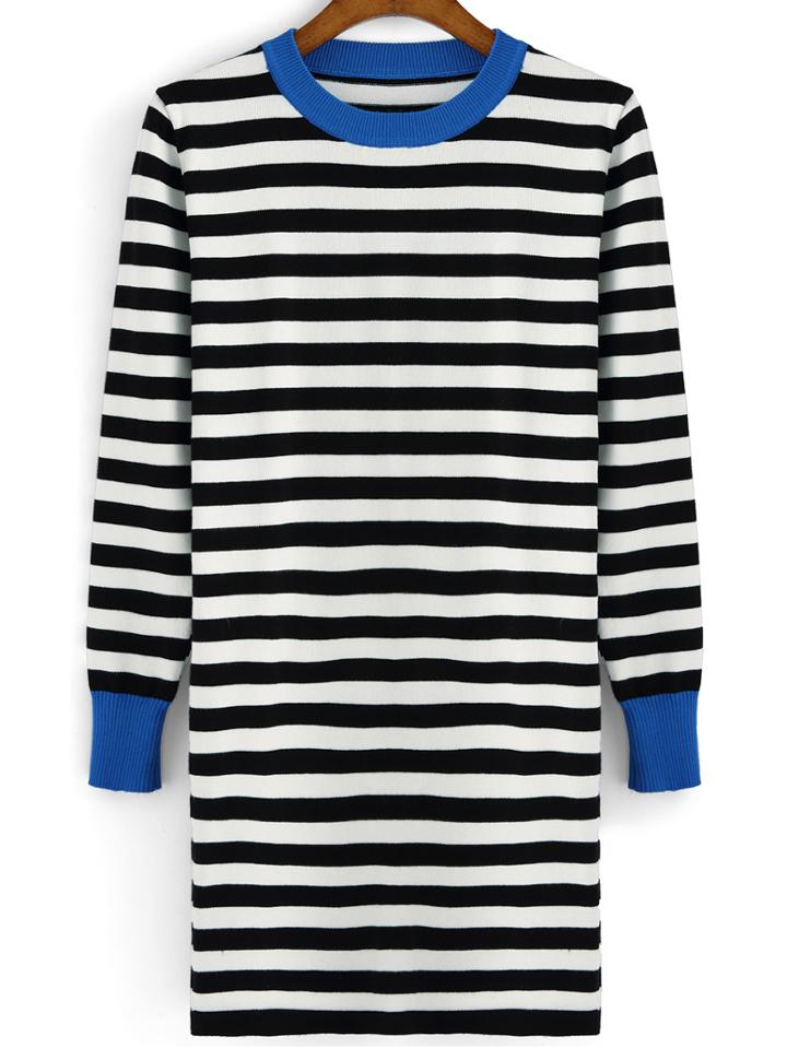 Romwe Contrast Collar Striped Long Black Sweater