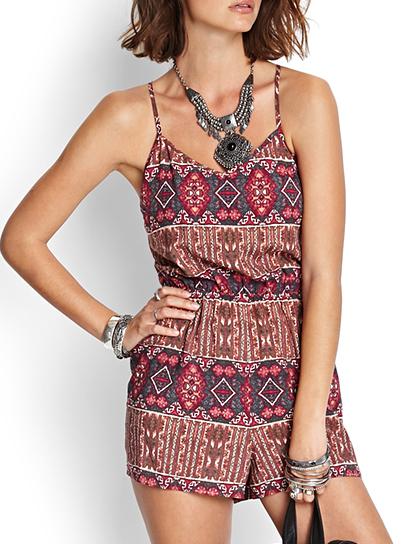 Romwe Spaghetti Strap Backless Bohemia Print Romper