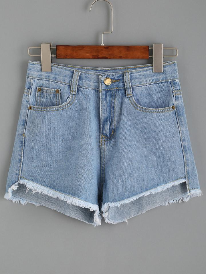 Romwe Blue Tassel Trimmed Dip Hem Shorts