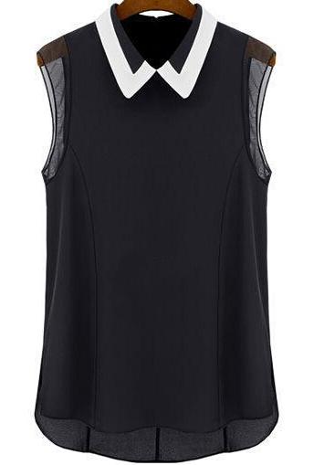 Romwe Contrast Collar Dip Hem Chiffon Black Blouse