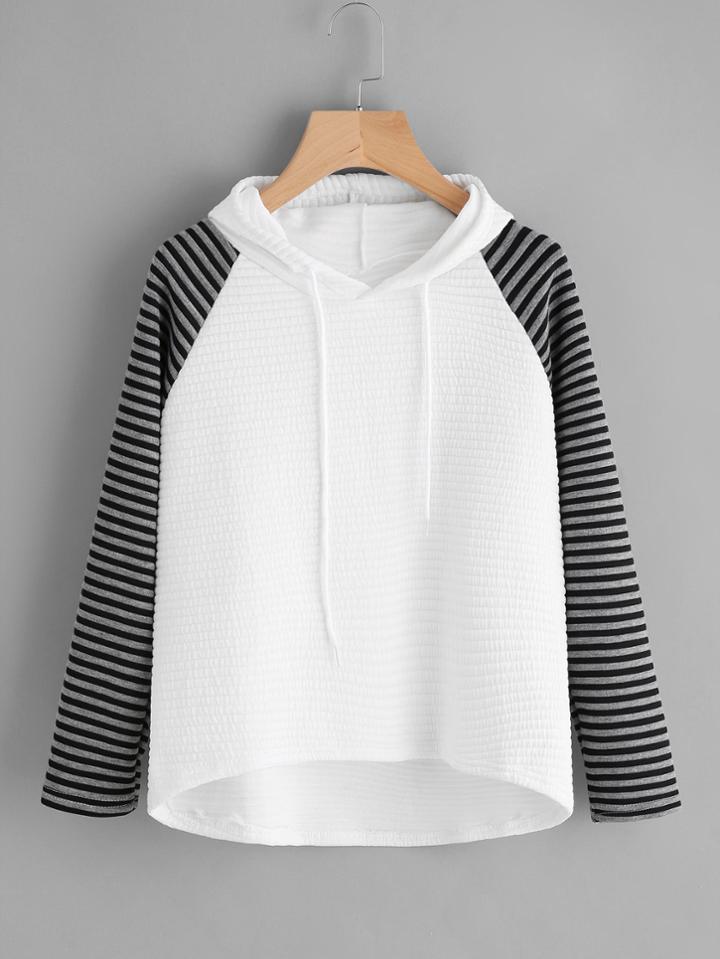 Romwe Raglan Striped Shoulder Dip Hem Hoodie