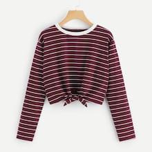Romwe Knot Hem Striped Tee